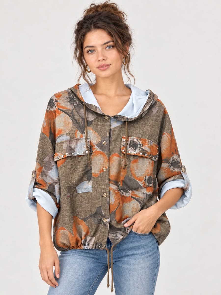 Bomber Viscosa Floral Bolsillos Tachas A1-159