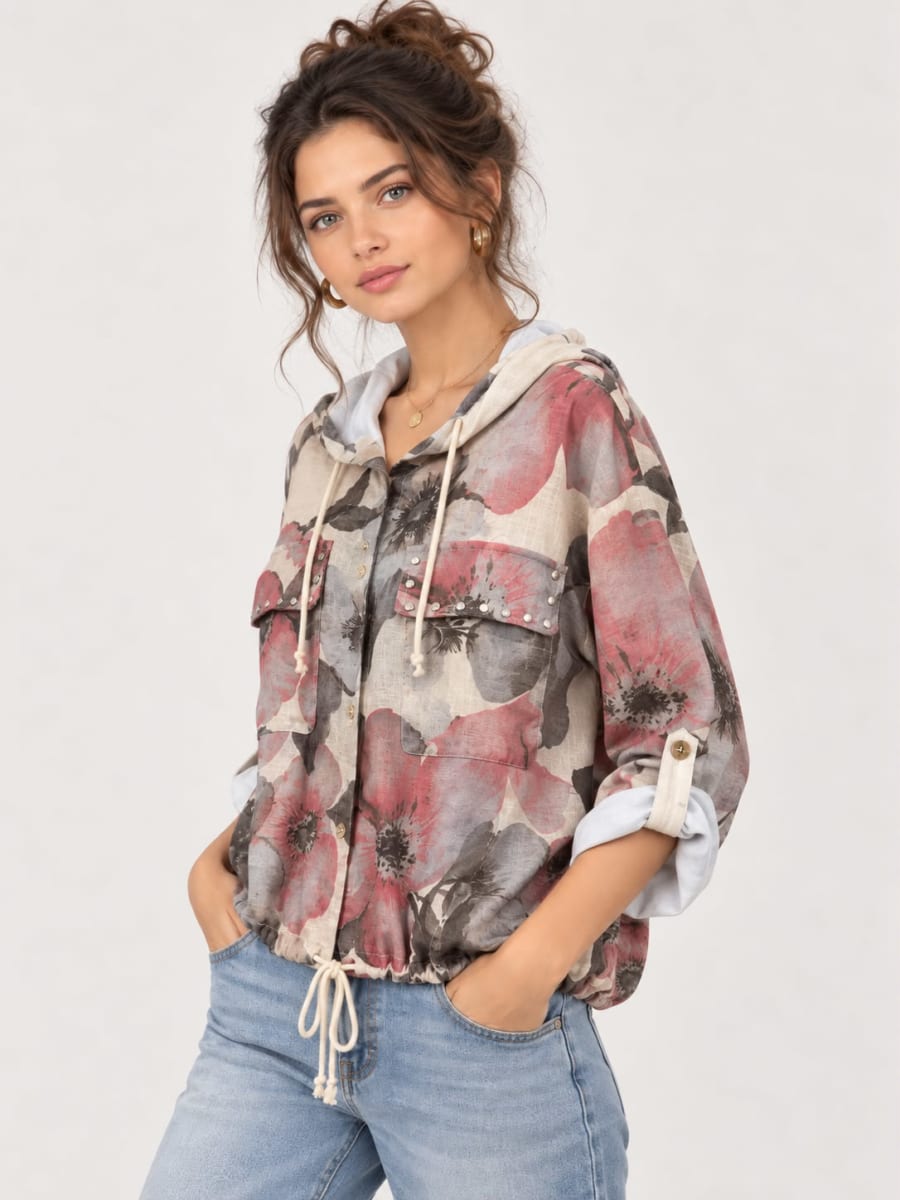 Bomber Viscosa Floral Bolsillos Tachas A1-158
