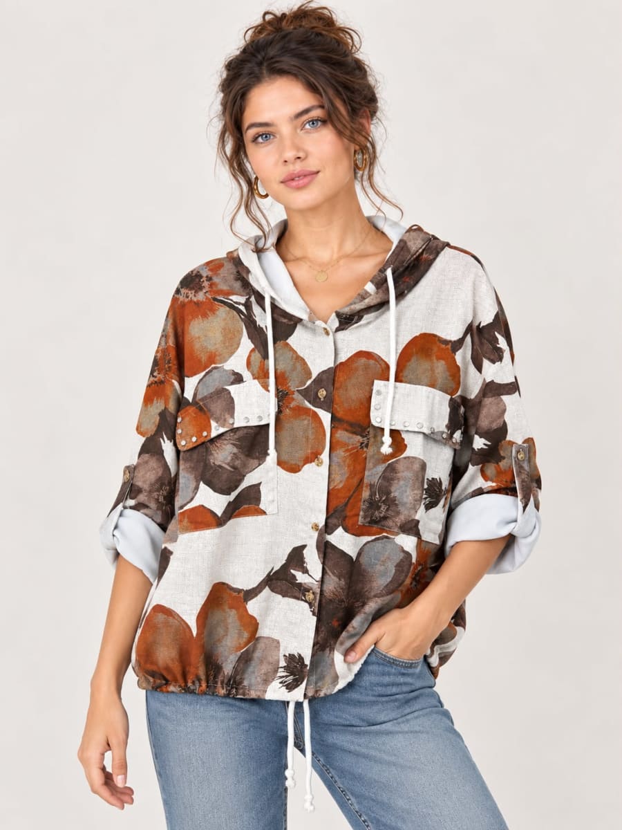 Bomber Viscosa Floral Bolsillos Tachas A1-154