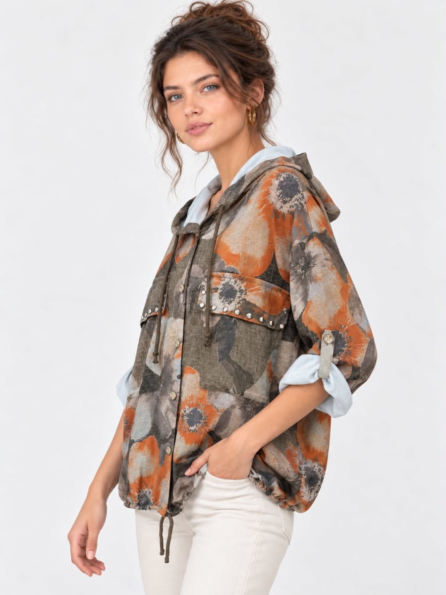 Bomber Viscosa Floral Bolsillos Tachas A1-1511