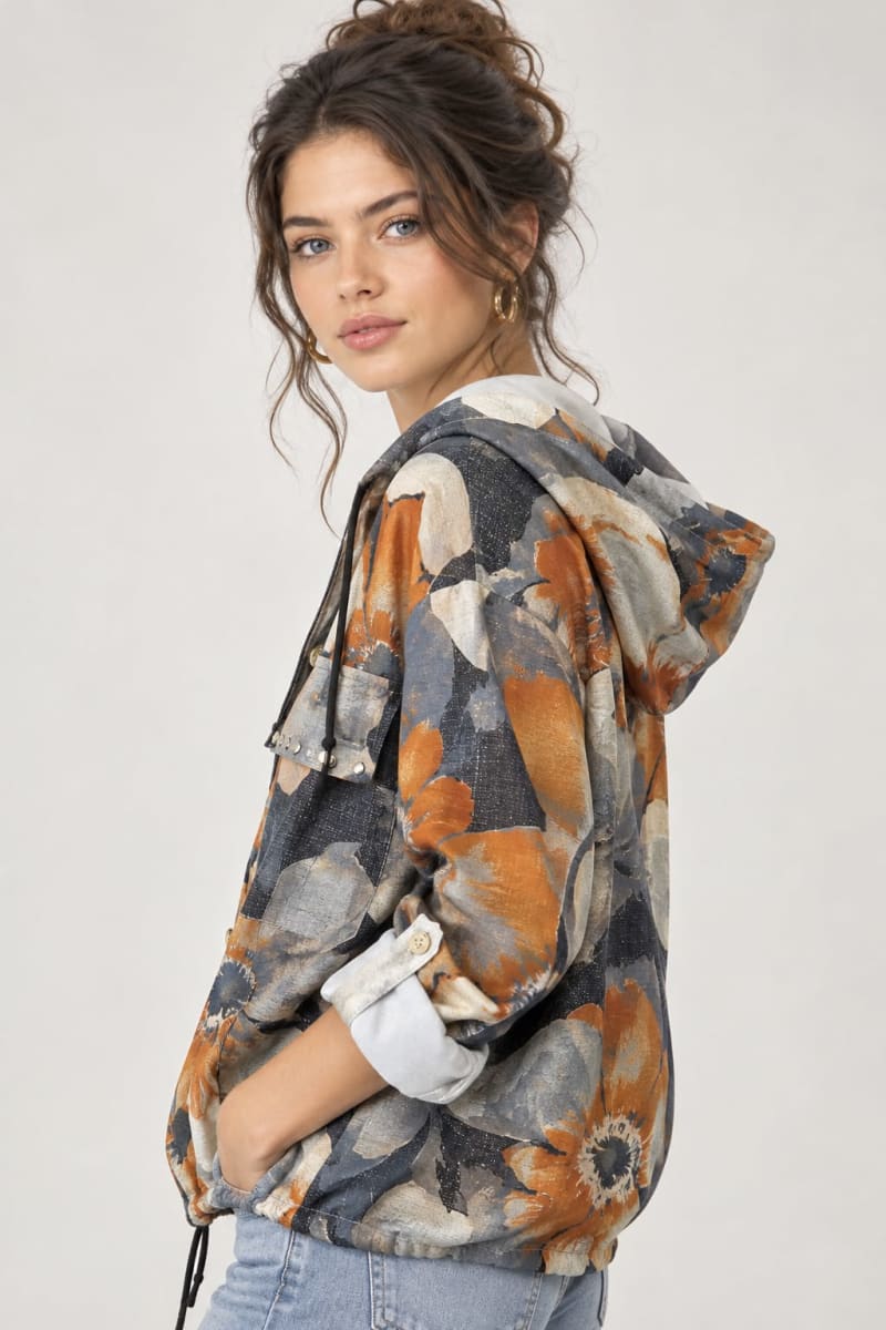 Bomber Viscosa Floral Bolsillos Tachas A1-1514
