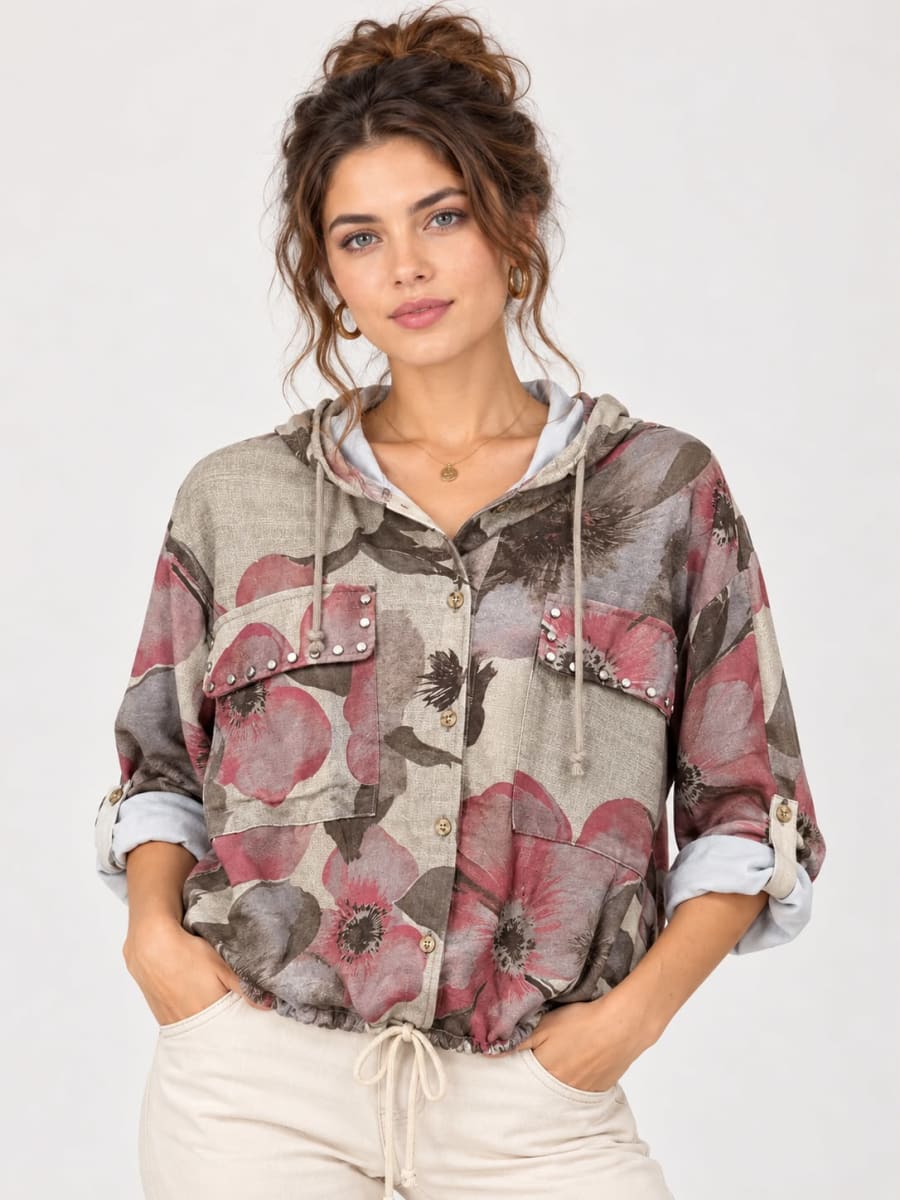 Bomber Viscosa Floral Bolsillos Tachas A1-157
