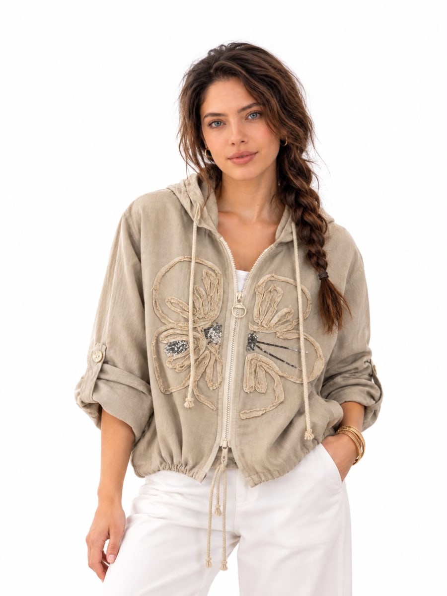 Bomber Lino Flor Bordada con Brillos A1-87