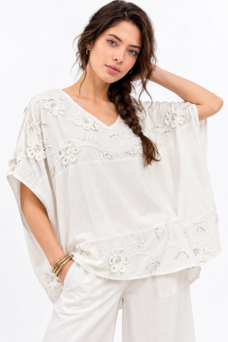 Polera Lino Hombros Flores Bordadas A4-879