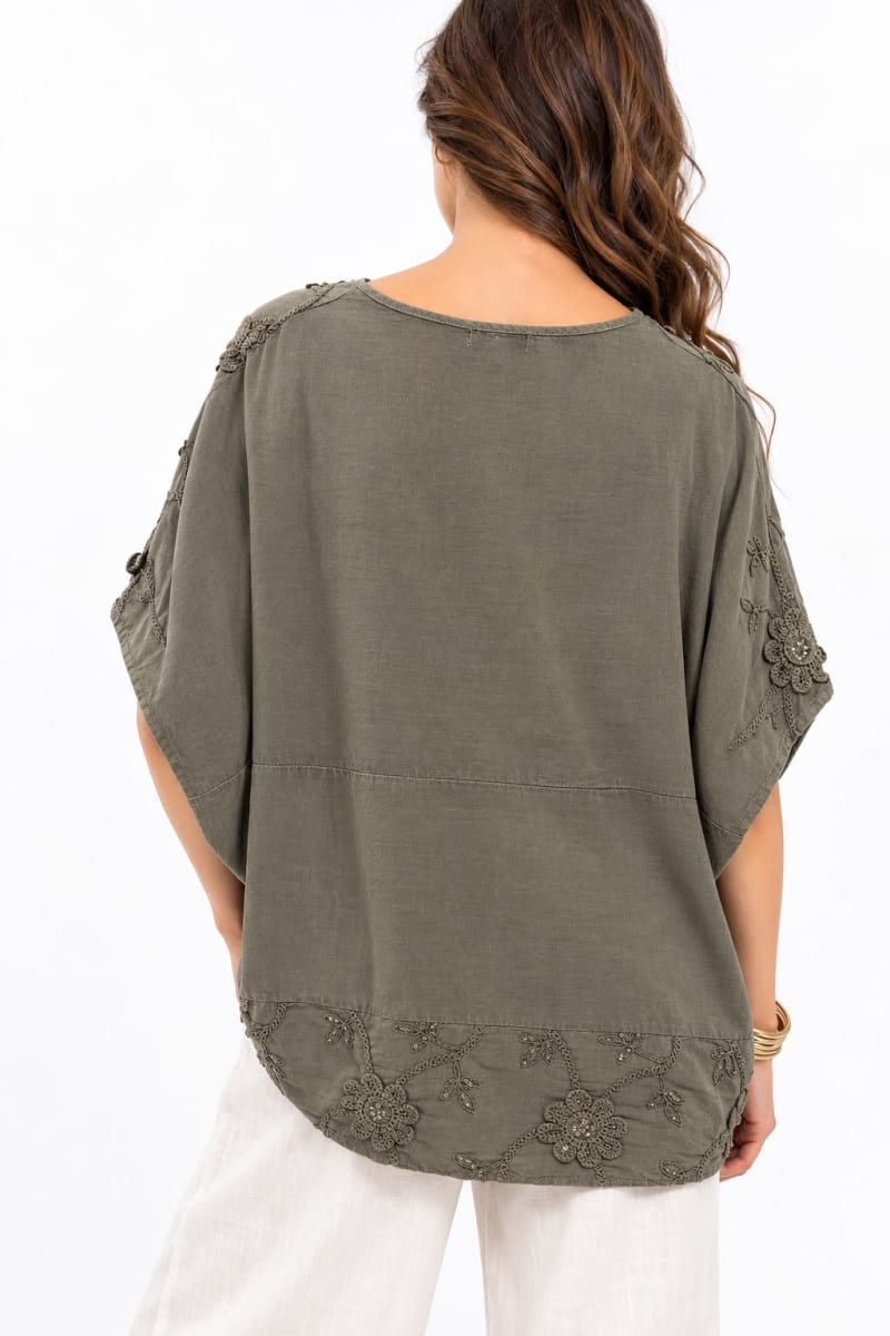 Polera Lino Hombros Flores Bordadas A4-874