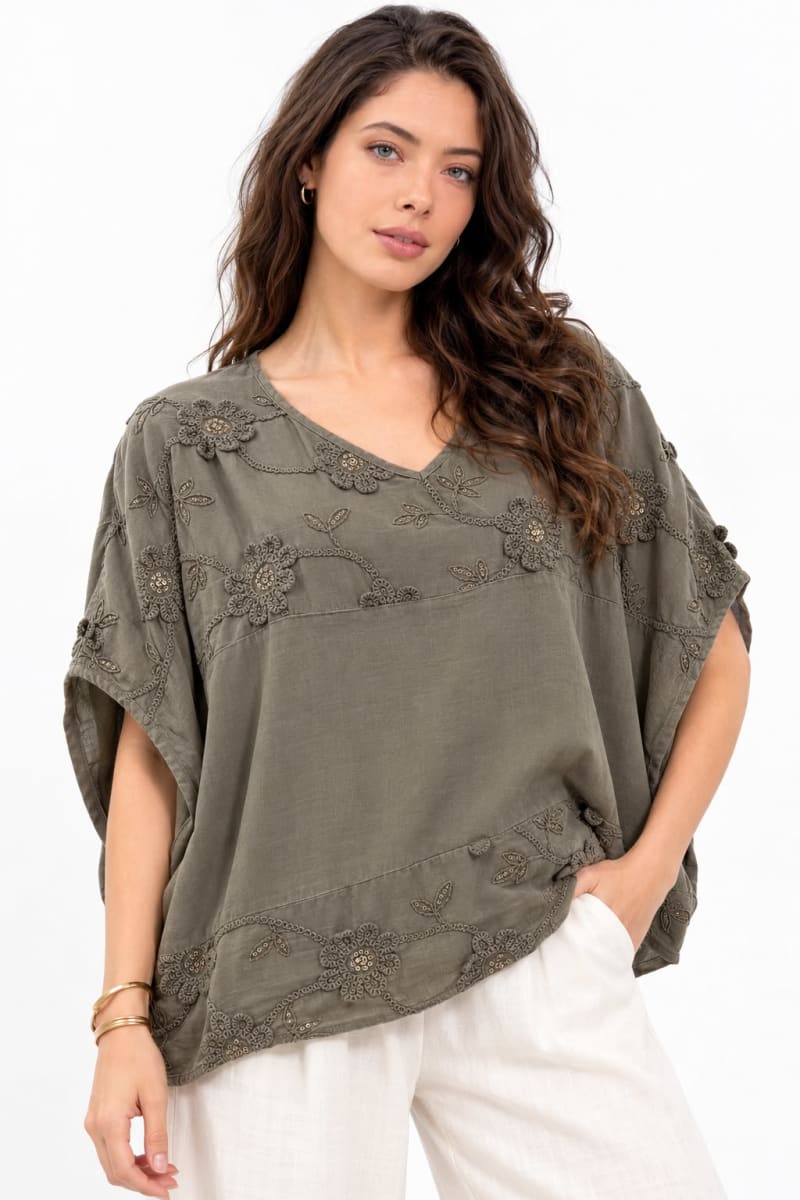 Polera Lino Hombros Flores Bordadas A4-873