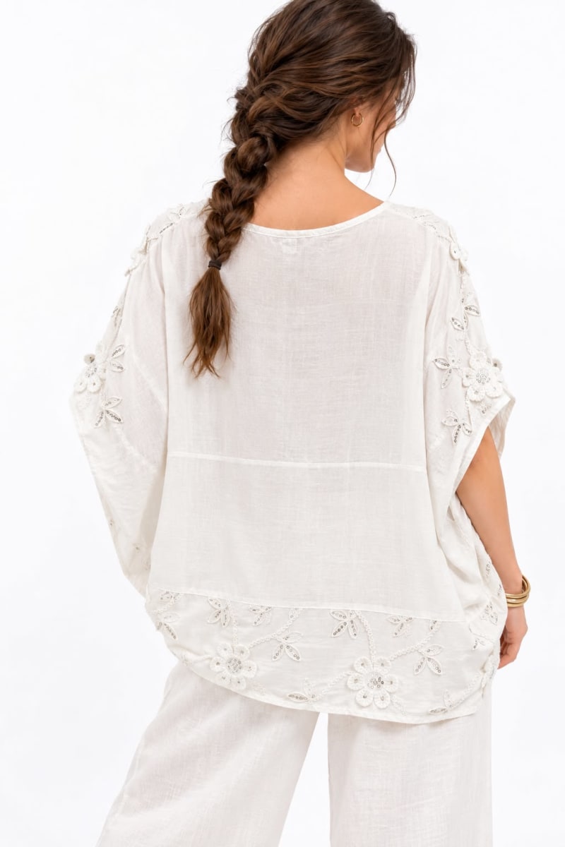 Polera Lino Hombros Flores Bordadas A4-8710