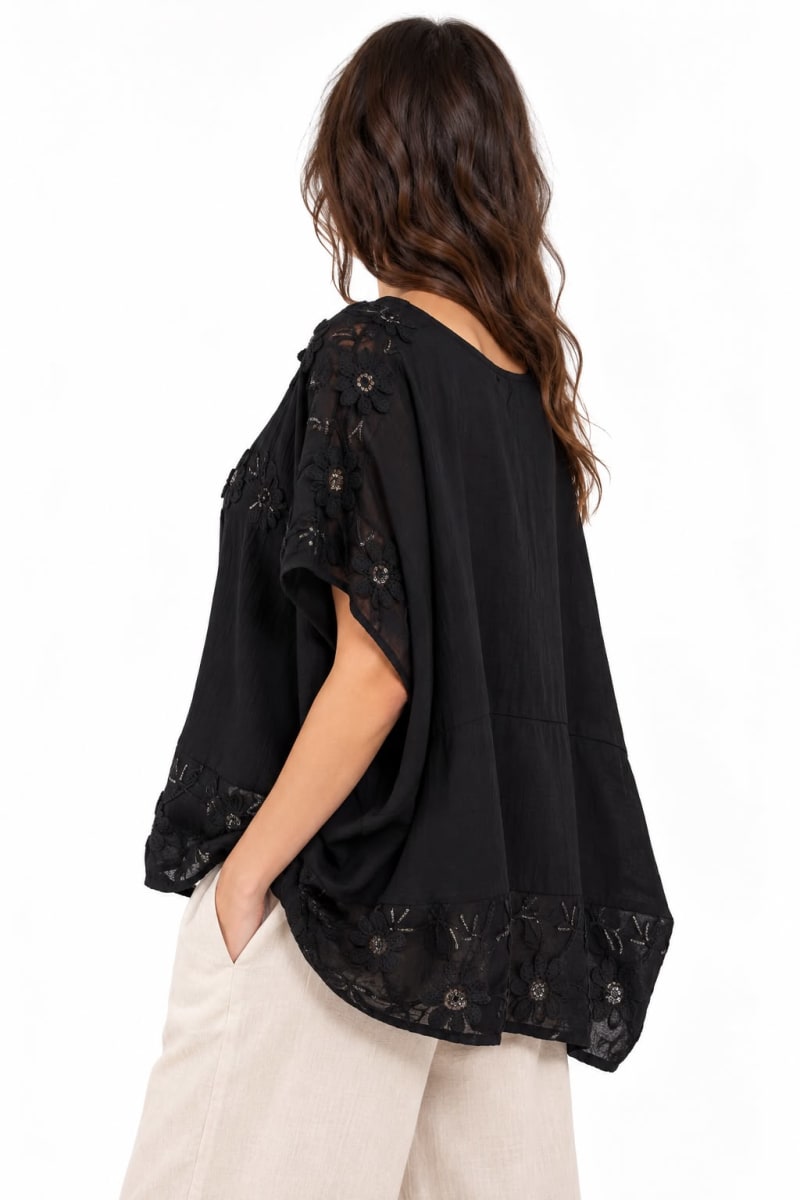 Polera Lino Hombros Flores Bordadas A4-876
