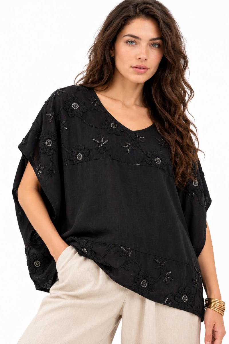 Polera Lino Hombros Flores Bordadas A4-875