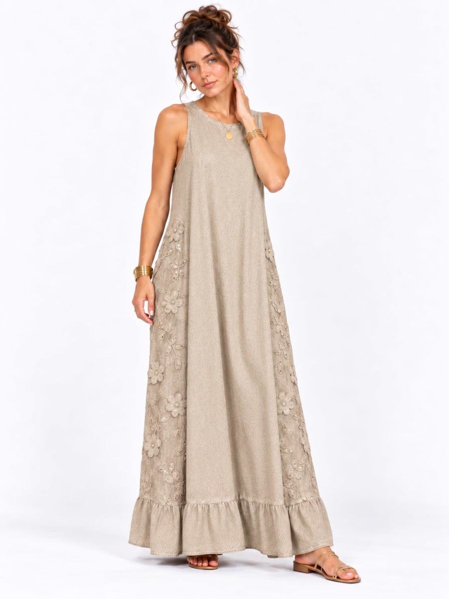 Vestido Lino Holgado Flores Bordadas Laterales A4-914