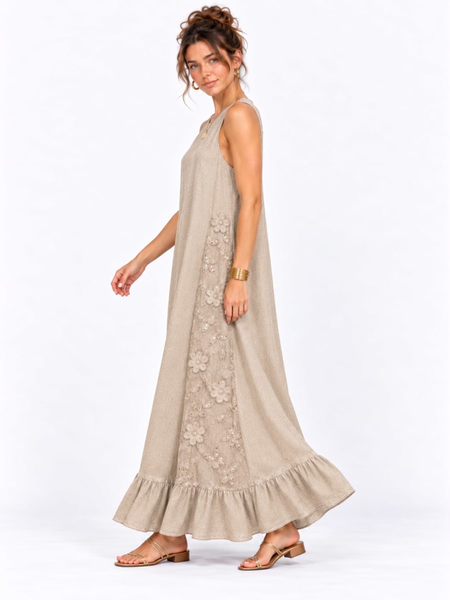 Vestido Lino Holgado Flores Bordadas Laterales A4-915