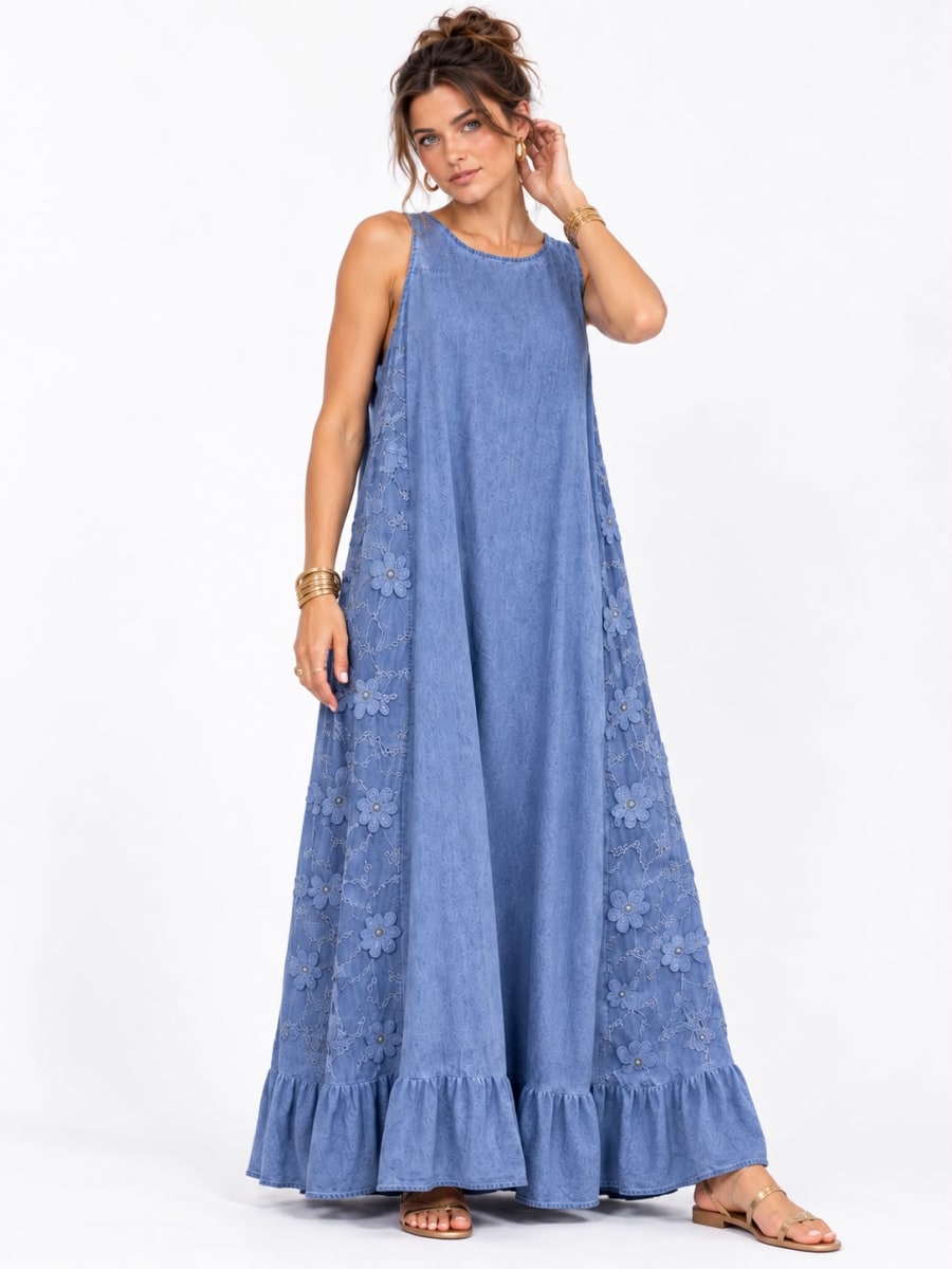 Vestido Lino Holgado Flores Bordadas Laterales A4-917