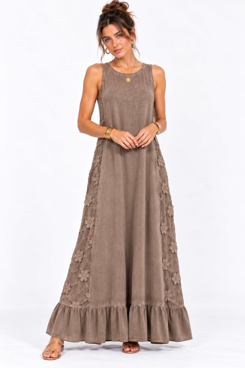 Vestido Lino Holgado Flores Bordadas Laterales A4-9110