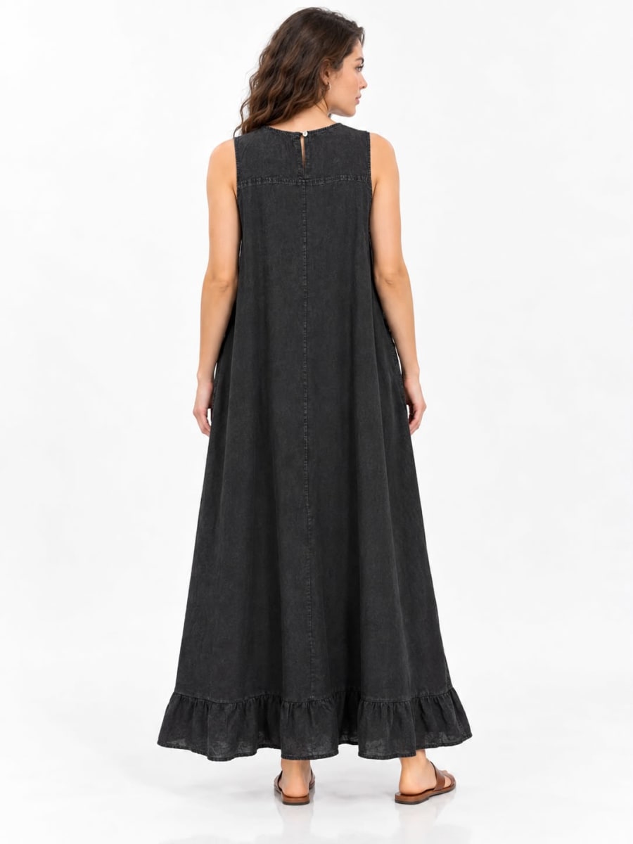 Vestido Lino Holgado Flores Bordadas Laterales A4-9112