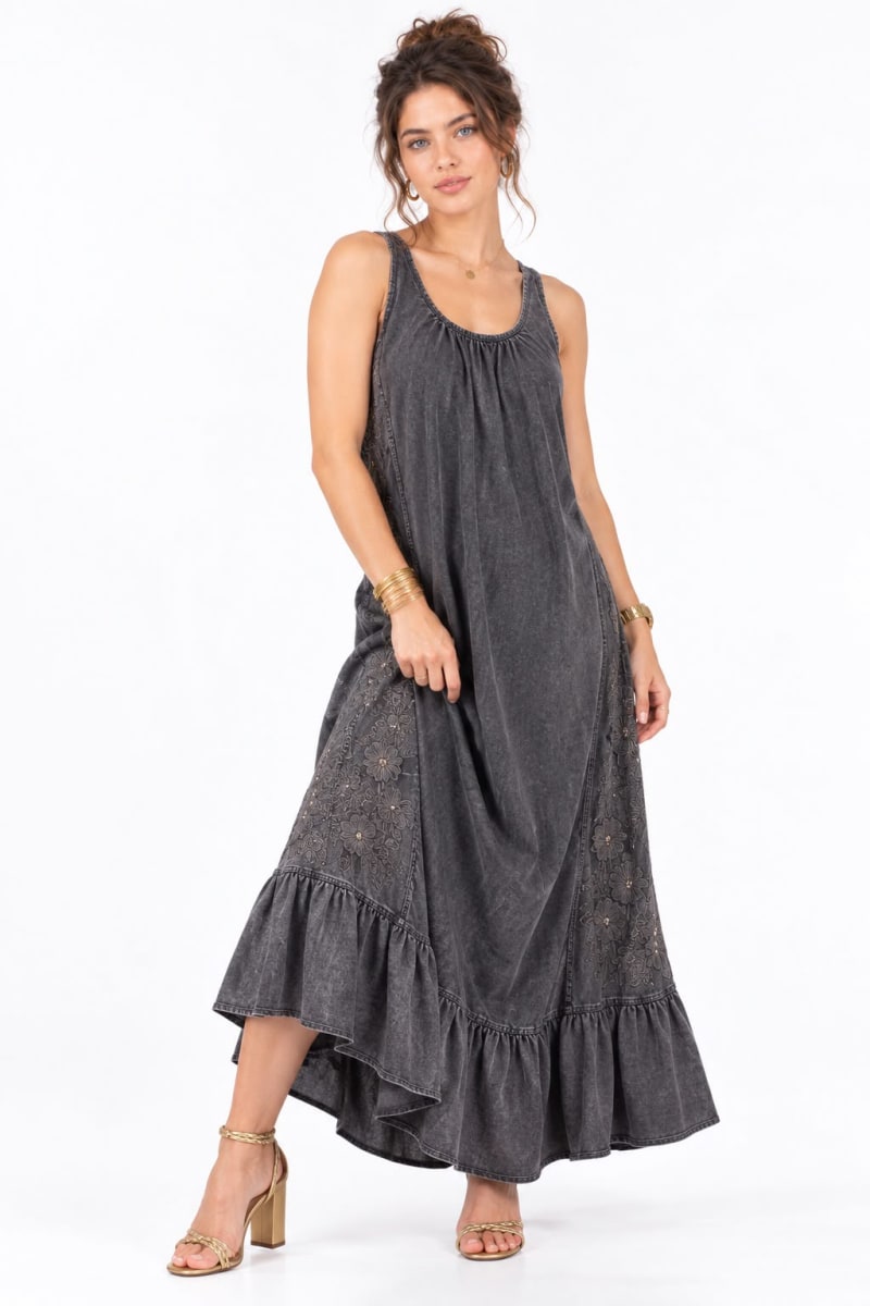 Vestido Lino Holgado Flores Bordadas Laterales A4-911