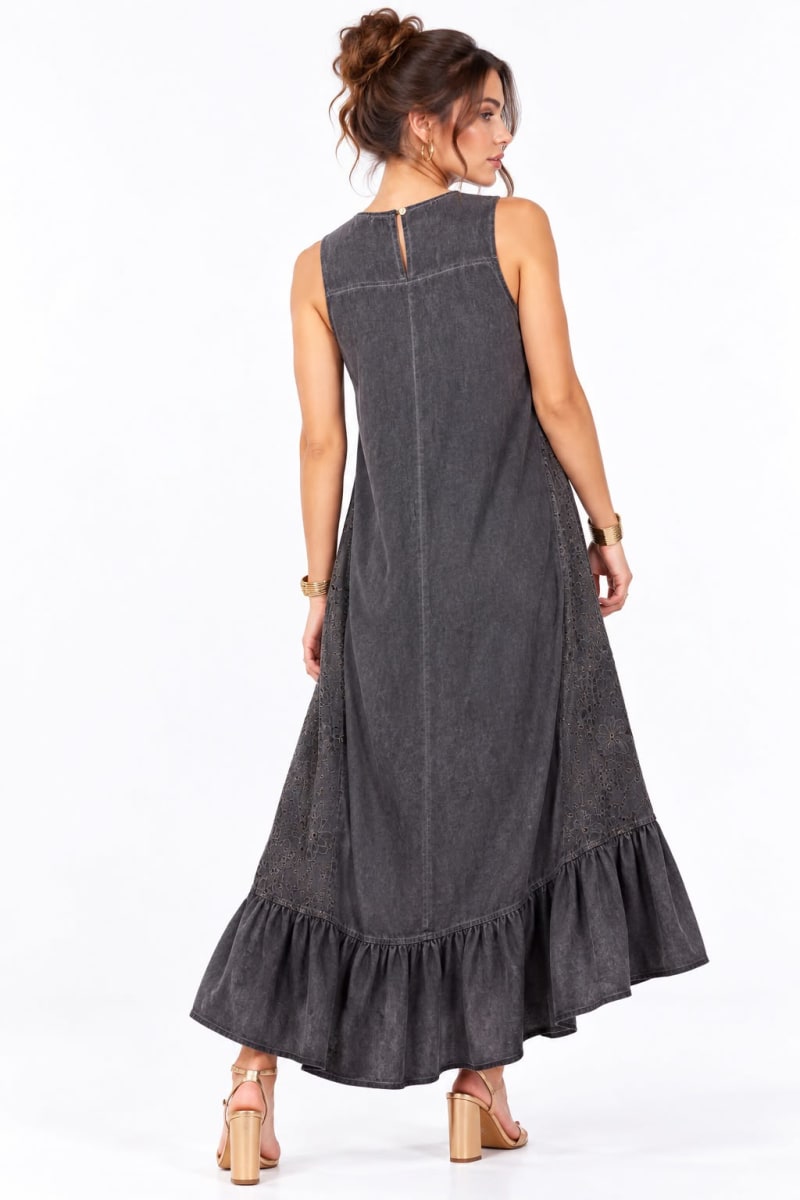 Vestido Lino Holgado Flores Bordadas Laterales A4-912