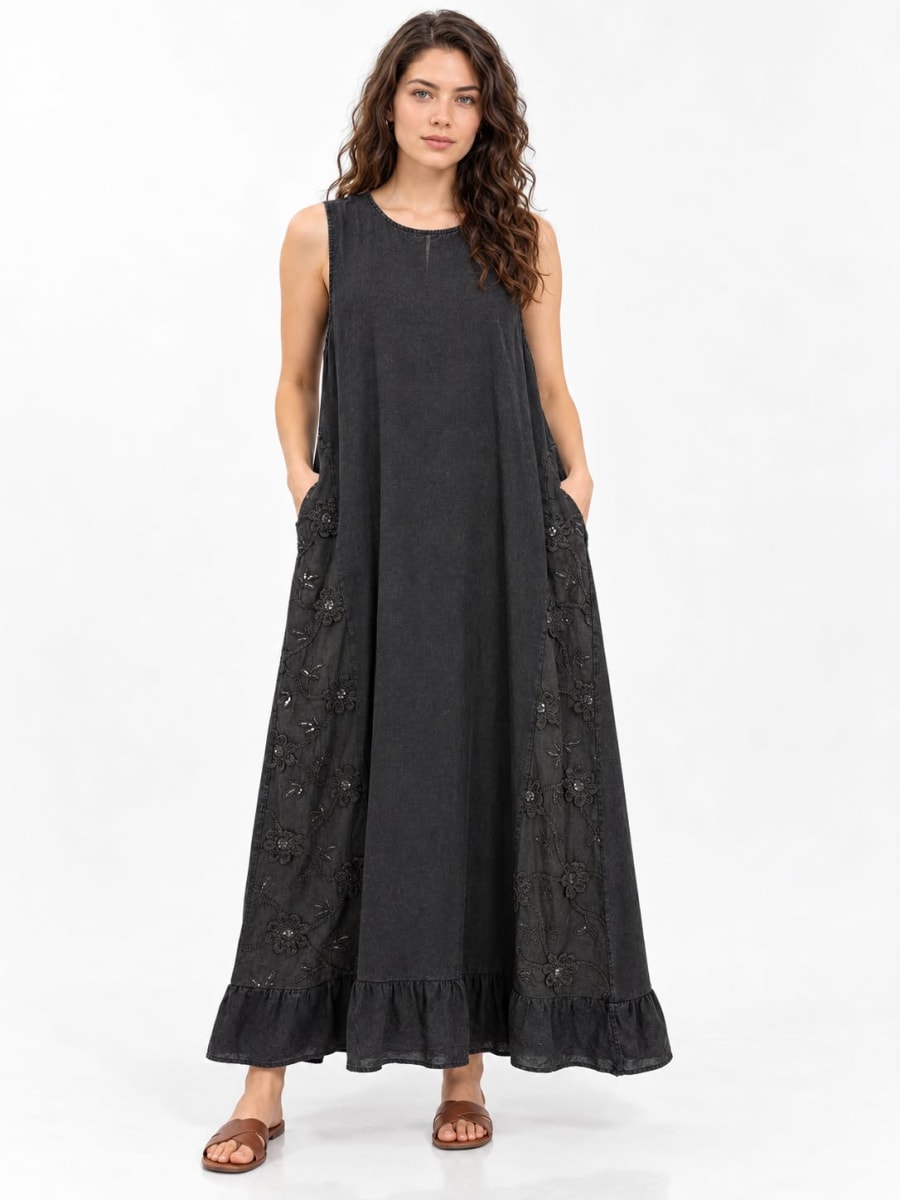 Vestido Lino Holgado Flores Bordadas Laterales A4-9111