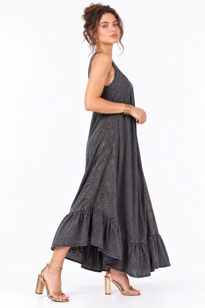 Vestido Lino Holgado Flores Bordadas Laterales A4-913