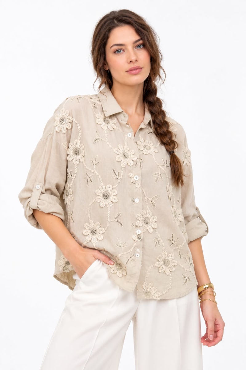 Blusa Lino Flores Bordadas con Lentejuelas A1-401