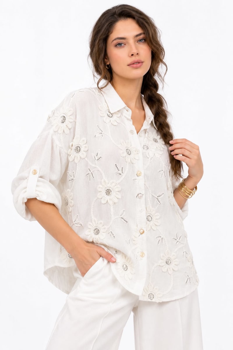Blusa Lino Flores Bordadas con Lentejuelas A1-403