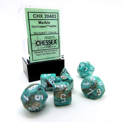 Set 7 Dados Chessex Mini Marble Oxi-Copper/White1