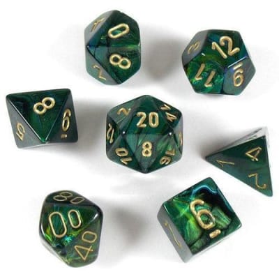 Set 7 Dados Chessex Mini Scarab Jade/Gold