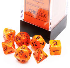 Set 7 Dados Chessex Mini Vortex Orange/Black1