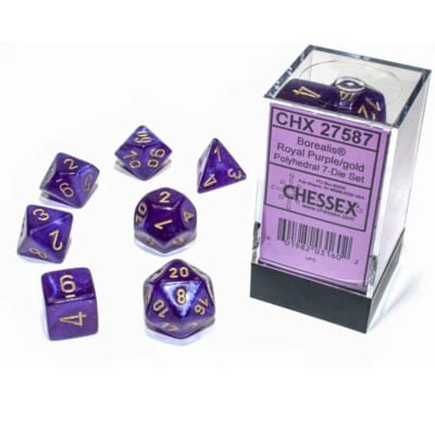 Set 7 Dados Chessex Mini Borealis Luminary Royal Purple/Gold1