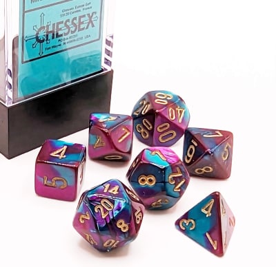Set 7 Dados Chessex Mini Gemini Purple-Teal/Gold1