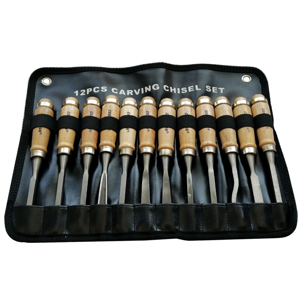 Set 12 Gubias Profesional Acero Mango Madera + Estuche Cuero
