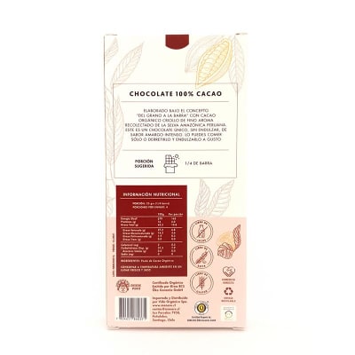 Barra de Chocolate 100% cacao Org. 100 grs. Barra de Chocolate 100% cacao Org. 100 grs.