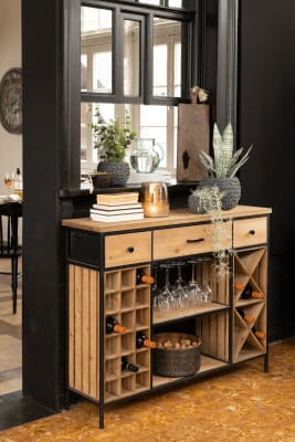 ARMARIO BAR PARA COPAS + BOTELLAS 3 CAJONES MADERA/METAL NATURAL/NEGRO