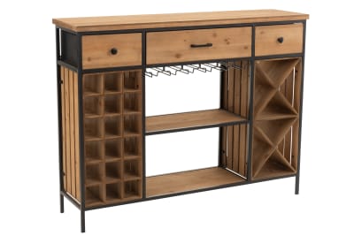 ARMARIO BAR PARA COPAS + BOTELLAS 3 CAJONES MADERA/METAL NATURAL/NEGRO