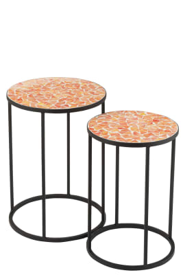 et De 2 Mesas Auxiliares Esquirla Mosaico Metal/Vidrio Negro/Naranja