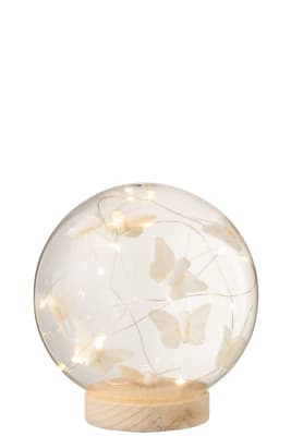 CAMPANA BOLA LED MARIPOSAS CRISTAL/MADERA BLANCO/NATURAL LARGE