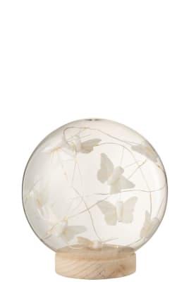 CAMPANA BOLA LED MARIPOSAS CRISTAL/MADERA BLANCO/NATURAL LARGE