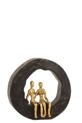 FIGURA PAREJA SENTADO MADERA DE MANGO/ALUMINIO NEGRO/ORO