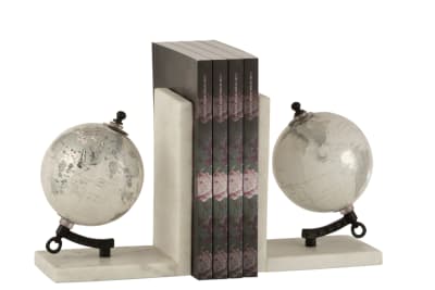 Soporte De Libros Globo Mármol Blanco/Plata/Negro