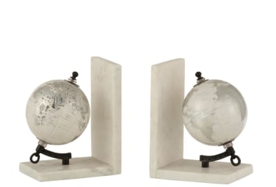 Soporte De Libros Globo Mármol Blanco/Plata/Negro