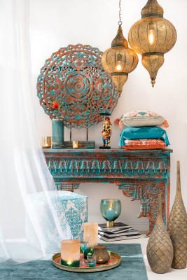 CONSOLA ORIENTAL MADERA DE MANGO TURQUESA/NARANJA