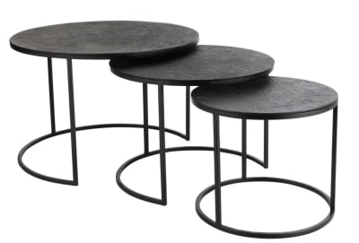 Set De 3 Mesas Auxiliares Redondas Textura De Yute Aluminio Negro