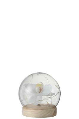 BELL JAR BALL LED FLOWERS GLASS/WOOD WHITE/NATURAL SMALL