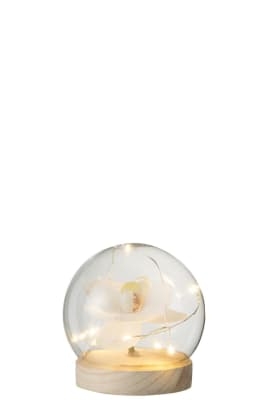 BELL JAR BALL LED FLOWERS GLASS/WOOD WHITE/NATURAL SMALL