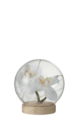BELL JAR BALL LED FLOWERS GLASS/WOOD WHITE/NATURAL MEDIUM