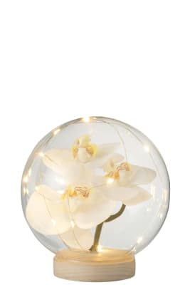 BELL JAR BALL LED FLOWERS GLASS/WOOD WHITE/NATURAL LARGE