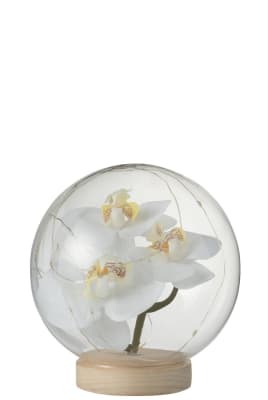BELL JAR BALL LED FLOWERS GLASS/WOOD WHITE/NATURAL LARGE