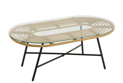 Mesa Baja Ovalada Exterior Metal/Cristal Natural/Negro