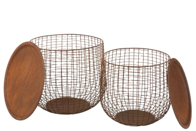 Set De 2 Mesas Auxiliares Cestas Metal Oxido