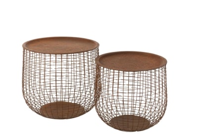 Set De 2 Mesas Auxiliares Cestas Metal Oxido
