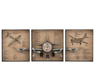 RELOJ AVION 3 PARTES METAL/MDF MARRON/NEGRO